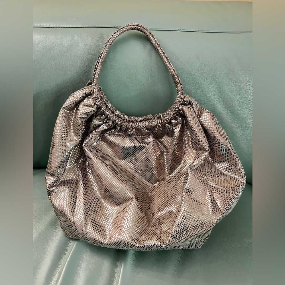 Daisy Fuentes Silver Metallic-Rouched-Faux Snake Print Hobo Slouchy Shoulder Bag - Picture 6 of 14